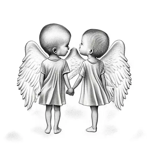 baby brother and sister angels holding hands tattoo design idea