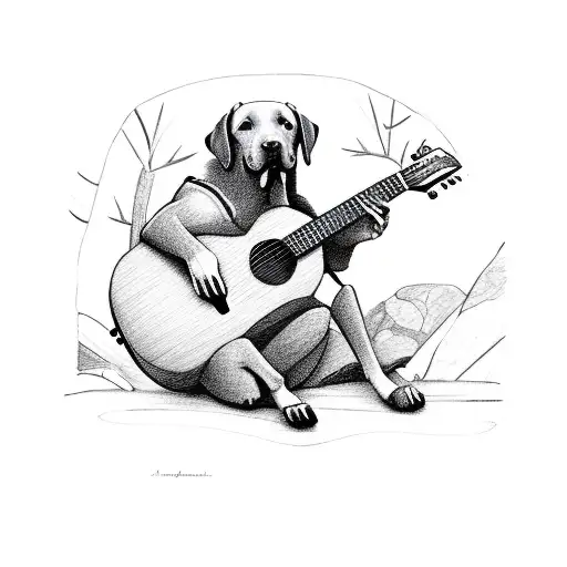 A Labrador retriever playing a guitar in a peaceful woodland setting tattoo design idea