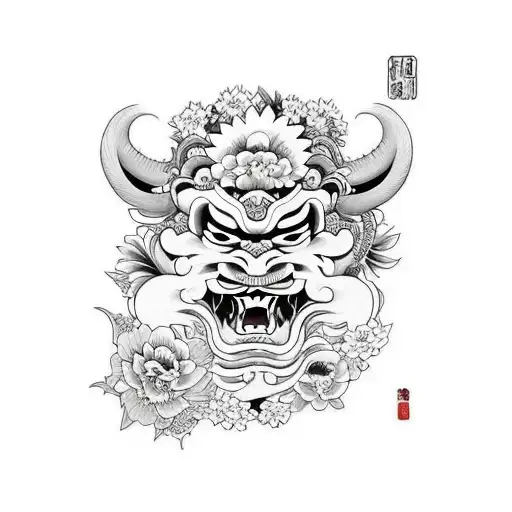 oni japonés con flores amarillas de fondo tattoo design idea