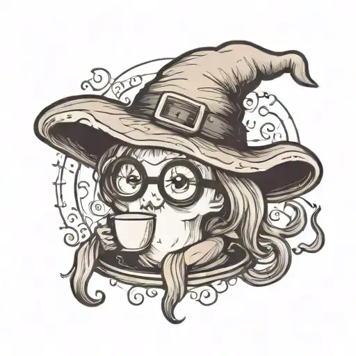 cute ghost wearkng glasses, a witch's hat and holding coffee tattoo design idea
