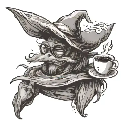 cute ghost wearkng glasses, a witch's hat and holding coffee tattoo design idea