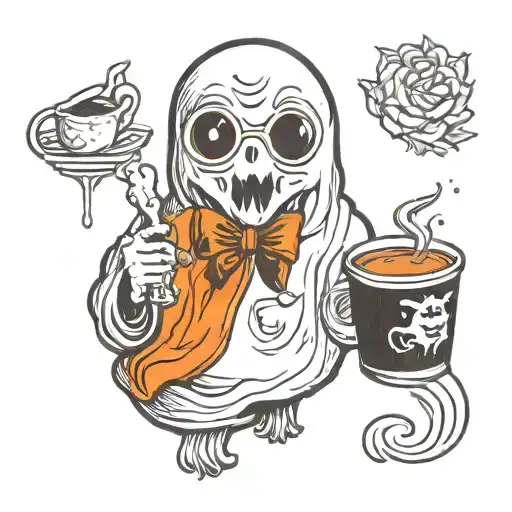 cute ghost wearing glasses and holding coffee tattoo design idea