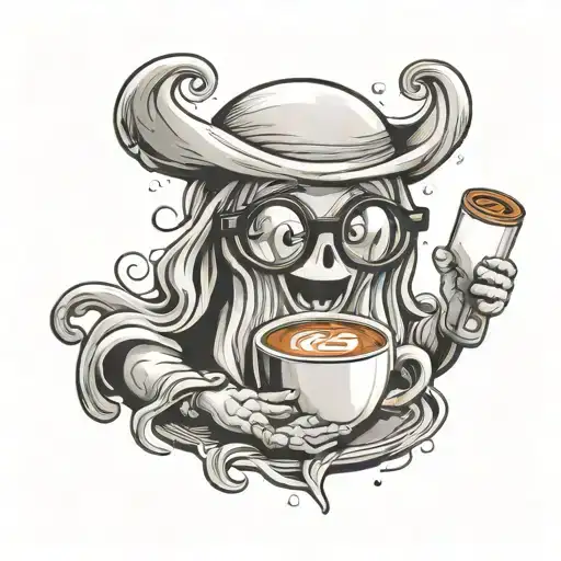cute ghost wearing glasses and holding coffee tattoo design idea