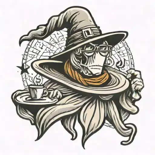 ghost wearing witch hat, glasses and holding coffee tattoo design idea