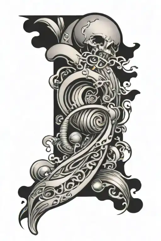A full sleeve tattoo in black and grey, featuring waves, dandruffs, jazz, music, and a 90s / early 2000s aesthetic. tattoo design idea