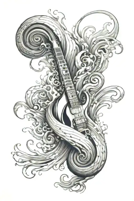 A full sleeve tattoo in black and grey, featuring waves, dandruffs, jazz, music, and a 90s / early 2000s aesthetic. tattoo design idea