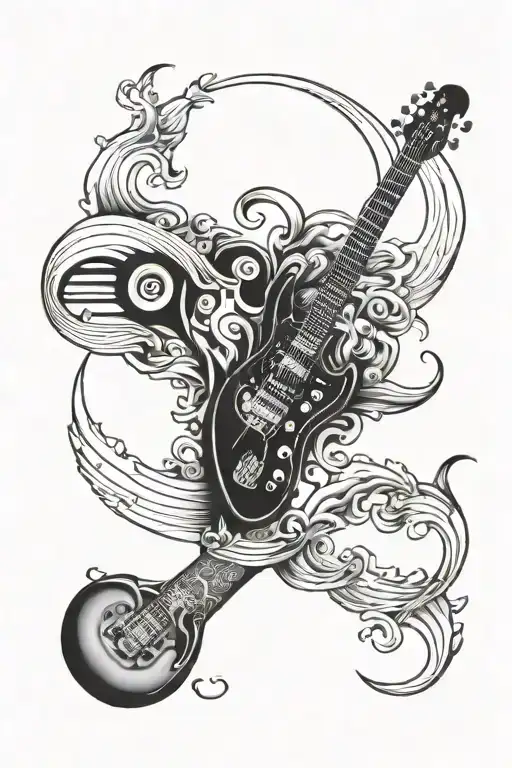 A full sleeve tattoo in black and grey, featuring waves, dandruffs, jazz, music, and a 90s / early 2000s aesthetic. tattoo design idea