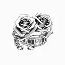 A Bonnie and Clyde inspired design featuring handcuffs and guns intertwined with romantic roses tattoo design idea