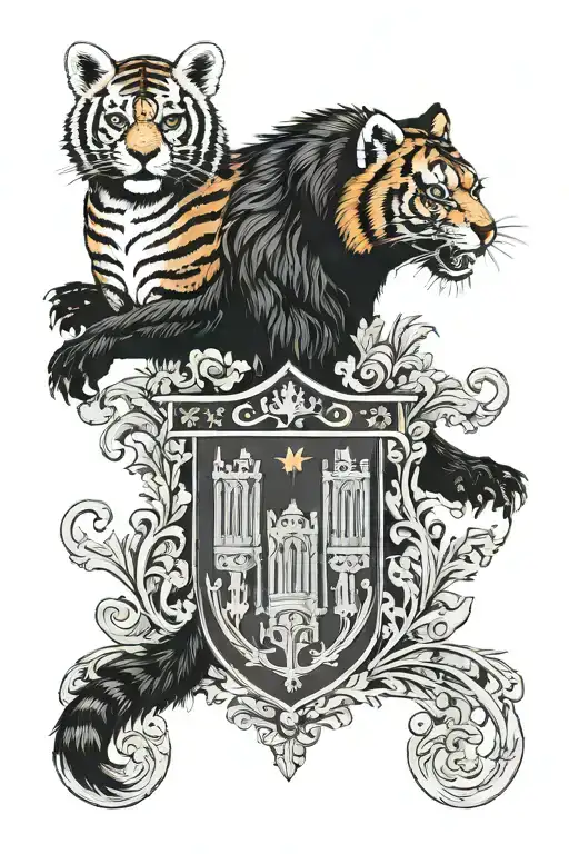 coat of arms with a red panda and a tiger. stood against Lincoln cathedral. tattoo design idea