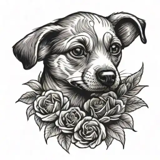 A tattoo design of a dog and kitten snuggled up together, surrounded by a garden of roses and chocolate bars tattoo design idea