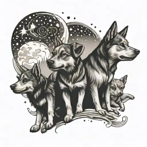 A tattoo design of your kids playing with a pack of dogs under a starry night sky, capturing your love for your children and furry friends tattoo design idea