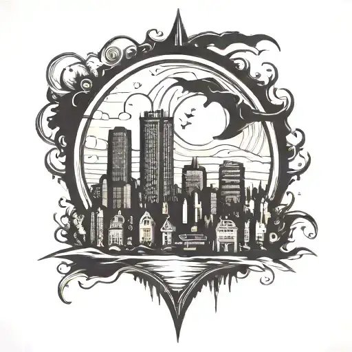 A tattoo of the Boston skyline at night, with a subtle nod to Batman in the shadows, reflecting your love for your city and the Dark Knight tattoo design idea
