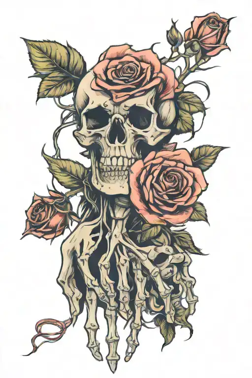 skeletons hand holding wilting rose growing tattoo design idea