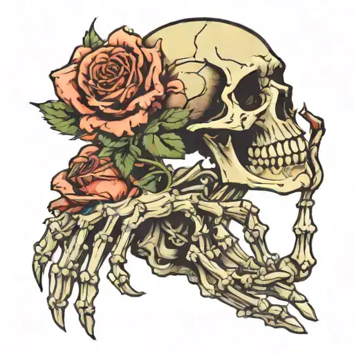 skeletons hand holdin wilting rose tattoo design idea