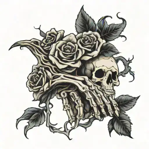 skeletons hand holding wilting rose growing tattoo design idea