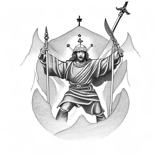 Saint Florian, jack of clubs, mountains tattoo design idea