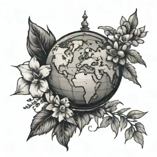 A globe surrounded by coffee beans and wild flowers, with a Christmas cactus at the center, representing the client's passion for traveling and nature tattoo design idea