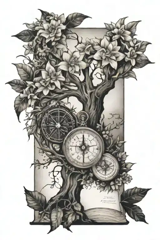 tree of life, compass, wild flowers intertwine the tree, open book, dollie patters, Christmas cactus  tattoo design idea