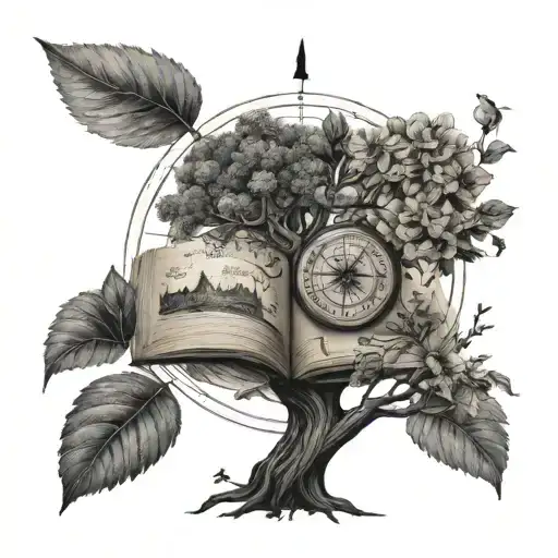 tree of life, compass at the top of the tree with the needle pointing up, wild flowers intertwine the tree, open book tattoo design idea