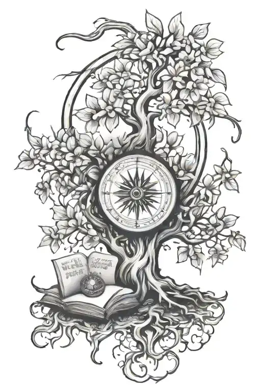 tree of life, compass, open book, dollie patters, Christmas cactus  tattoo design idea