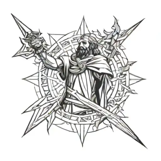 an apostle with an athletic build, a wreath of thorns hovers above his head, an oblong shield in his right hand, a sword in his left hand tattoo design idea