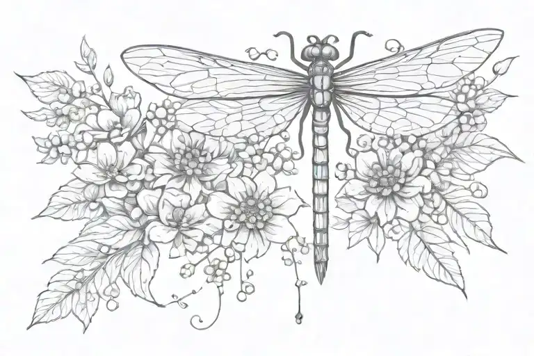 dragonfly flowers berries on chest tattoo design idea