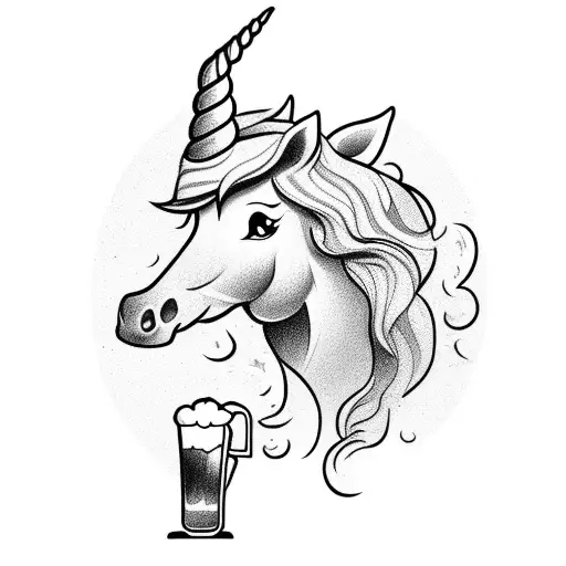 A majestic unicorn pouring beer from a tap tattoo design idea