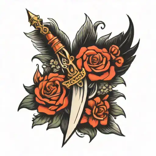 dagger with wings and flowers tattoo design idea
