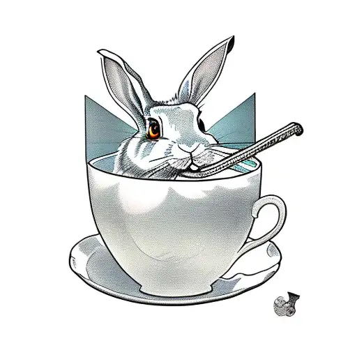 rabbit from alice in wonderland, located in a cup, surrounded by cards tattoo design idea