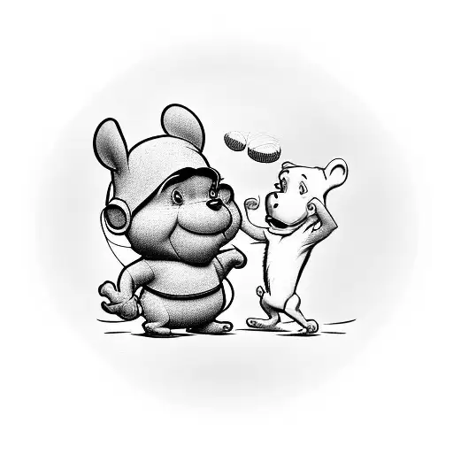 Winnie the Poo and Curious George throwing frisbee tattoo design idea