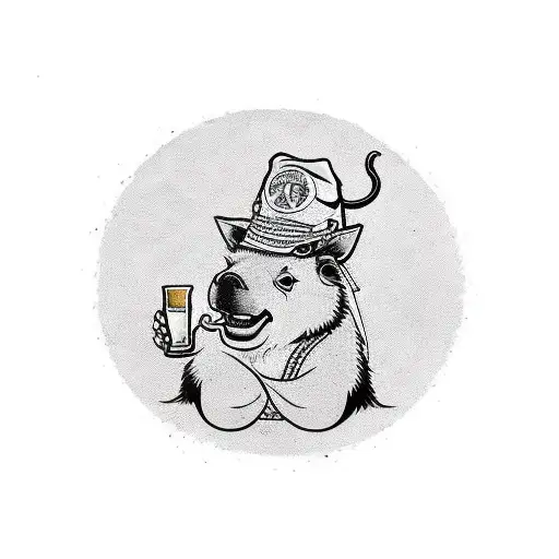 A traditional style design featuring a capybara sipping beer from a seashell on a sunny beach tattoo design idea