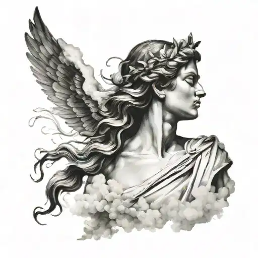 greek goddess coming out of faded clouds tattoo design idea