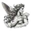 greek goddess coming out of faded clouds tattoo design idea