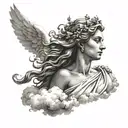 greek goddess coming out of faded clouds tattoo design idea