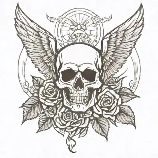 roses skull wings freedom tattoo design idea