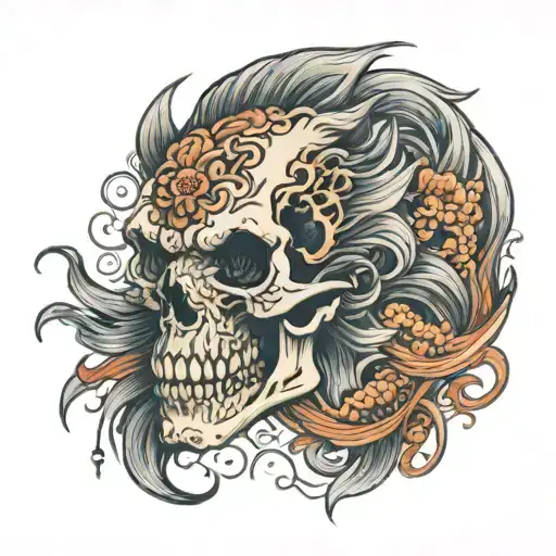 skull with a lion with koi fish  tattoo design idea