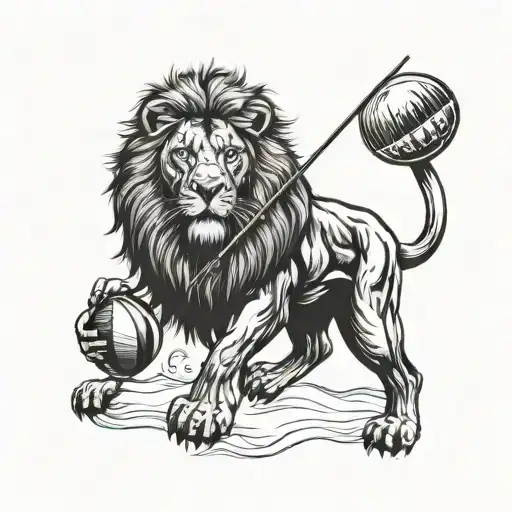 A majestic lion wearing a rugby jersey and holding a fishing rod tattoo design idea