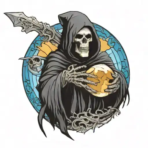 A shinning blue moon casting down on a grim reaper  The Grim reaper has crystal blue eyes and an old ice face holding a  tattoo design idea