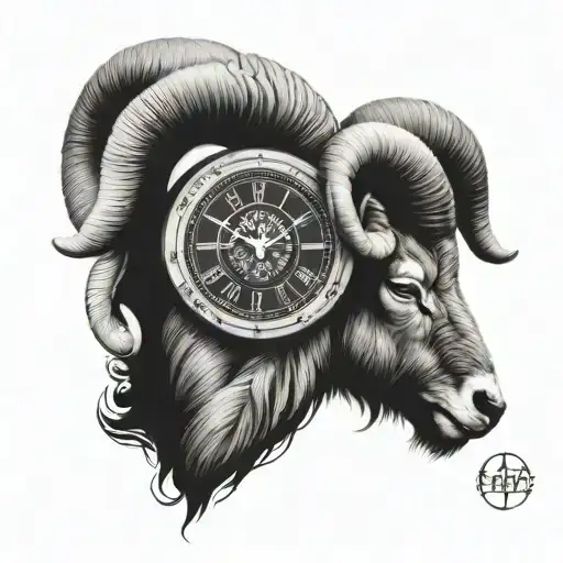 clock and aries zodiac sign tattoo design idea