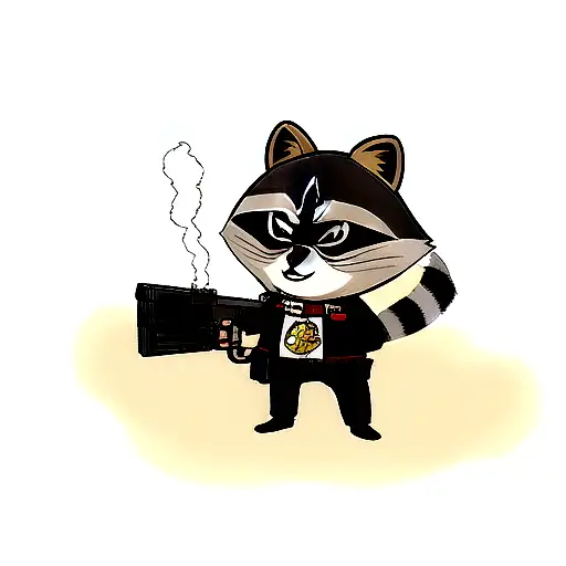 Raccoon smoking and holding guns tattoo design idea