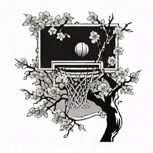 A basketball hoop surrounded by cherry blossom branches, combining the love for basketball with the beauty of sakura flowers tattoo design idea