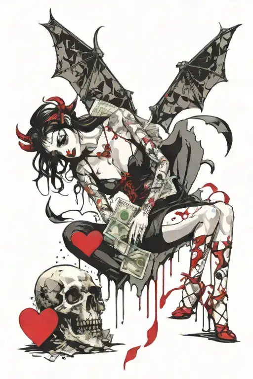 sexy succubus holding heart eating it with money in flams surrounding her  tattoo design idea