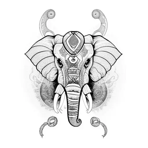 A blackwork elephant with the zodiac signs Scorpio, Gemini, and Aries forming its intricate patterns tattoo design idea