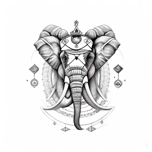 A sketch-style elephant with a crown made of Scorpio, Gemini, and Aries symbols tattoo design idea