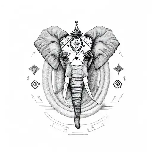 A sketch-style elephant with a crown made of Scorpio, Gemini, and Aries symbols tattoo design idea