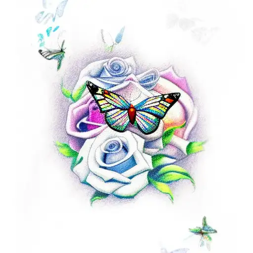 Butterfly, rose, broken pocket watch  tattoo design idea