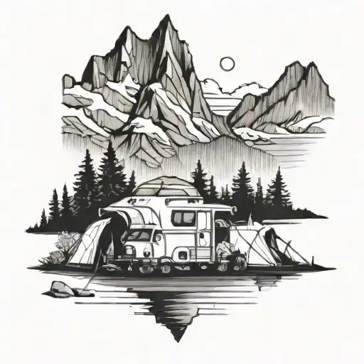three tents with a campervan near mountain and a lake  tattoo design idea