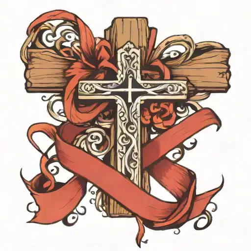wooden cross with ribbon wrapped tattoo design idea