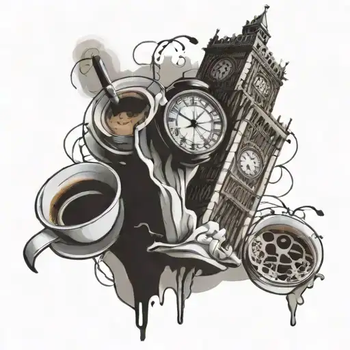 A clock tower inspired by Big Ben with coffee cups and cigarette butts scattered around it tattoo design idea