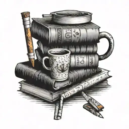 A stack of books with a coffee mug and a pack of cigarettes tattoo design idea